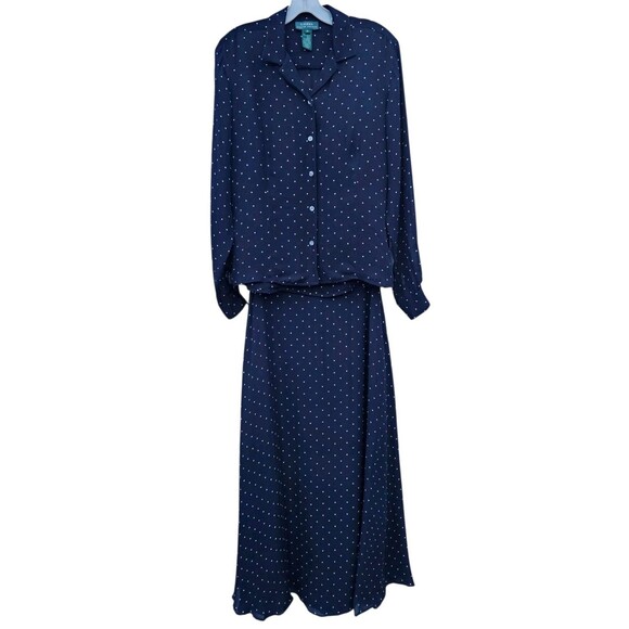 Lauren Ralph Lauren 100% Silk Set Skirt Blouse Top Outfit Navy Polka Dot Size 6 - Picture 2 of 16